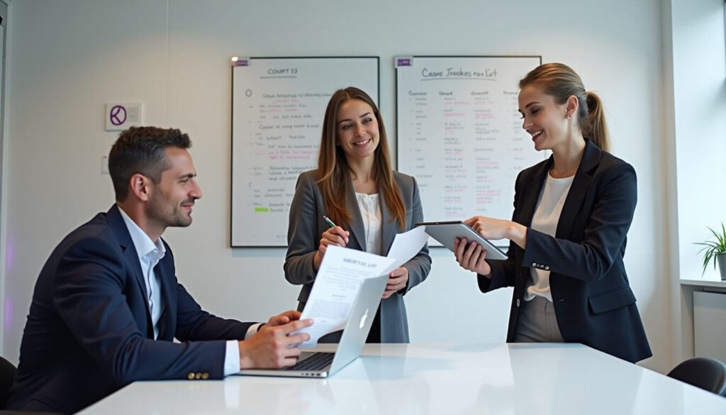 A diverse legal team in an office reviewing case documents for an upcoming hearing artwork