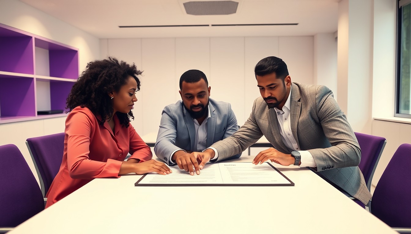 A diverse team of professionals in a modern office, collaborating on contract details, reflecting the importance of legal guidance when drafting set-off clauses in contracts.