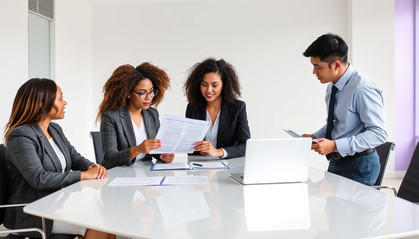 A diverse team of professionals in a minimalist office, collaborating on drafting clear and enforceable set-off clauses in a contract.
