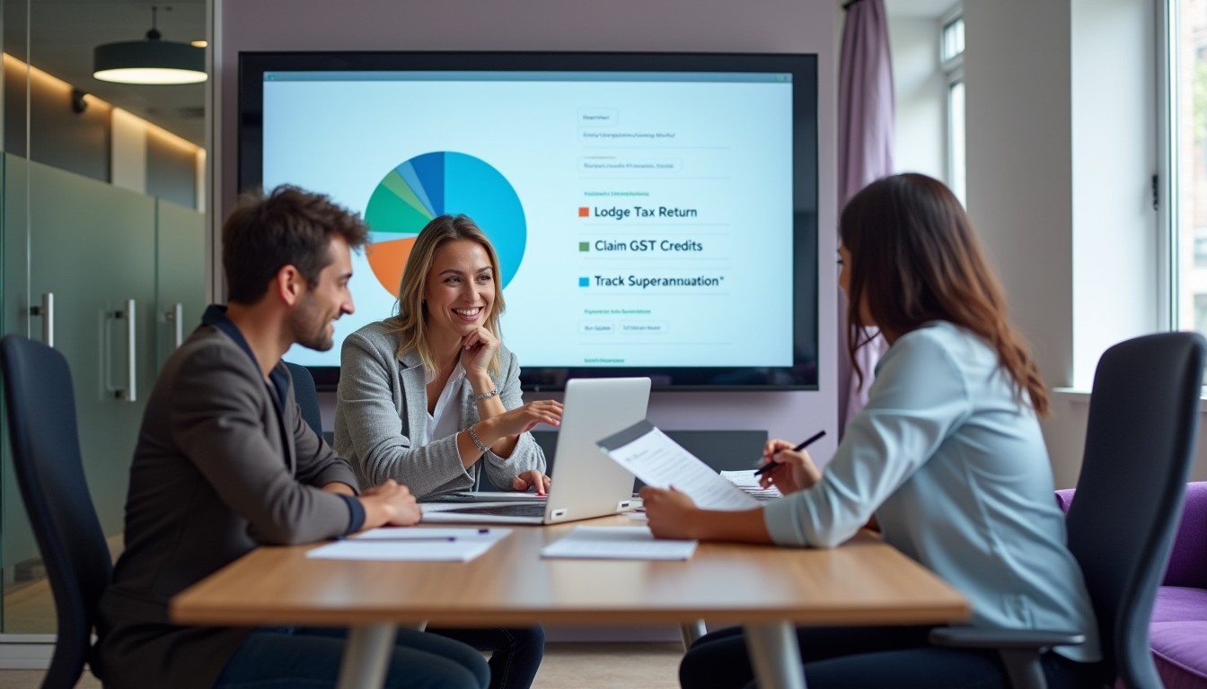 A diverse team reviewing TFN and ABN-related obligations in a collaborative coworking space with a monitor displaying key tax tasks.