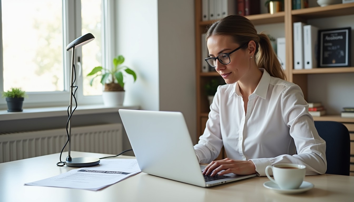 A professional woman completing a TFN or ABN application on her laptop in a bright home office with a checklist nearby.