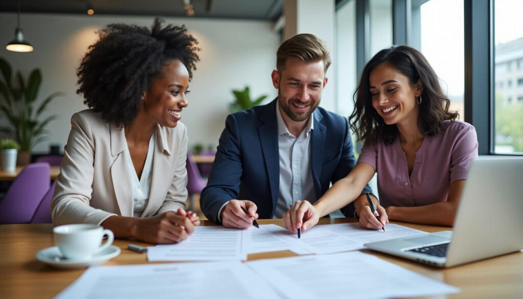 A diverse group of professionals collaborating on a referral fee agreement in a modern office with organised materials and a welcoming atmosphere artwork