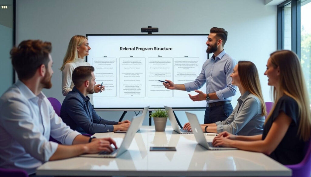 A professional presenting a referral program structure to a diverse team in a modern conference room, highlighting collaboration and strategy development artwork