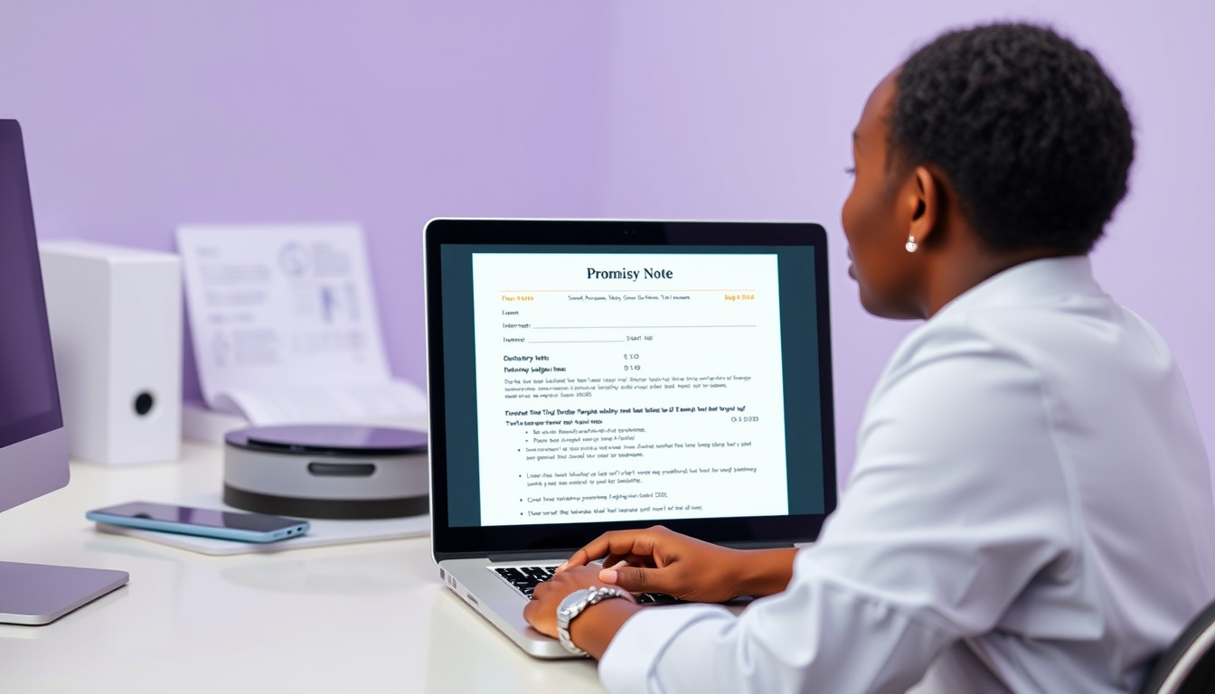 A Black woman working at a minimalist desk, reviewing a digital promissory note template on her laptop. The note is clearly visible, highlighting the key sections such as loan amount and repayment terms.
