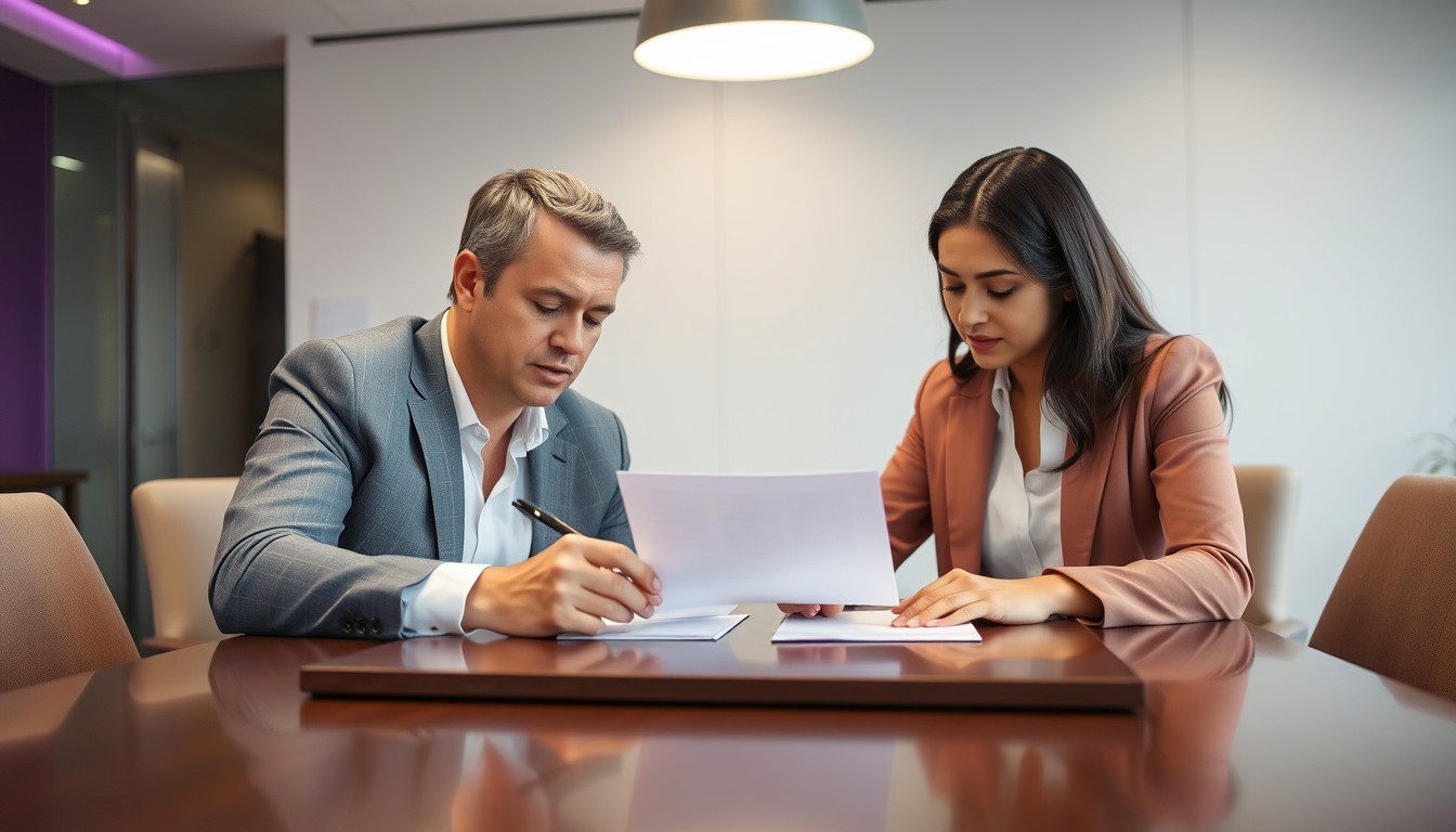 A White man and a Hispanic woman in a modern office, signing a promissory note together. The atmosphere is professional, with a minimalist design and purple accents.