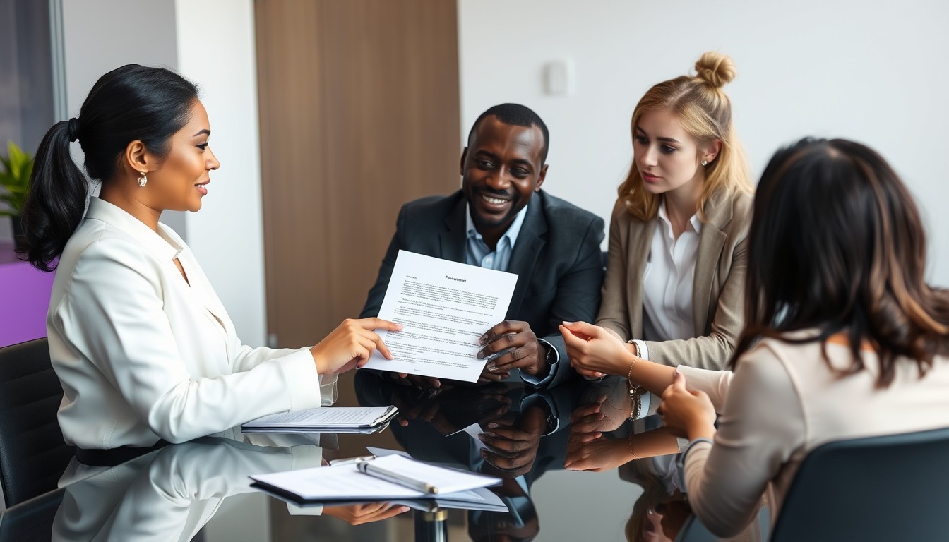 A diverse group of professionals in a modern office setting, discussing a promissory note. The group includes a woman of Asian descent, a Black man, and a White woman, working together to understand the terms of a loan agreement.