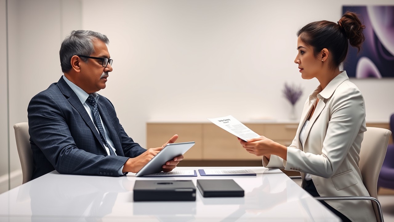A young white female lawyer and a middle-aged Hispanic male lender have a focused discussion in a modern office. They review a "Deed of Priority" document, surrounded by minimalist decor with purple accents. The scene reflects professionalism, trust, and the legal process of securing debt.