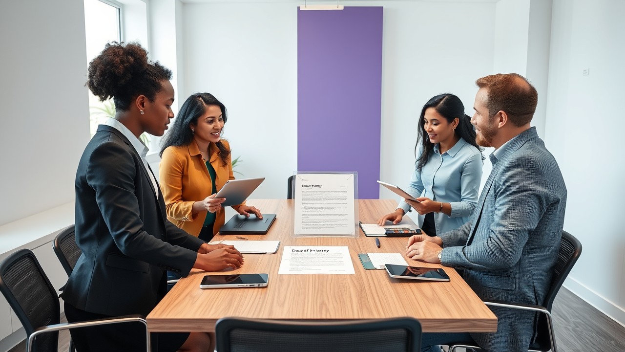 A diverse team of professionals in a modern office, collaborating on a "Deed of Priority" document. The team includes a Black woman, an East Asian man, a South Asian woman, and a Caucasian man. They are seated around a table with laptops, focused on legal discussions, in a clean, minimalist office environment with purple accents.