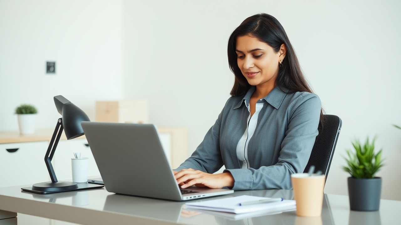 A South Asian woman sits at a minimalist desk, reviewing a vesting schedule on her laptop in a clean, modern office setting.