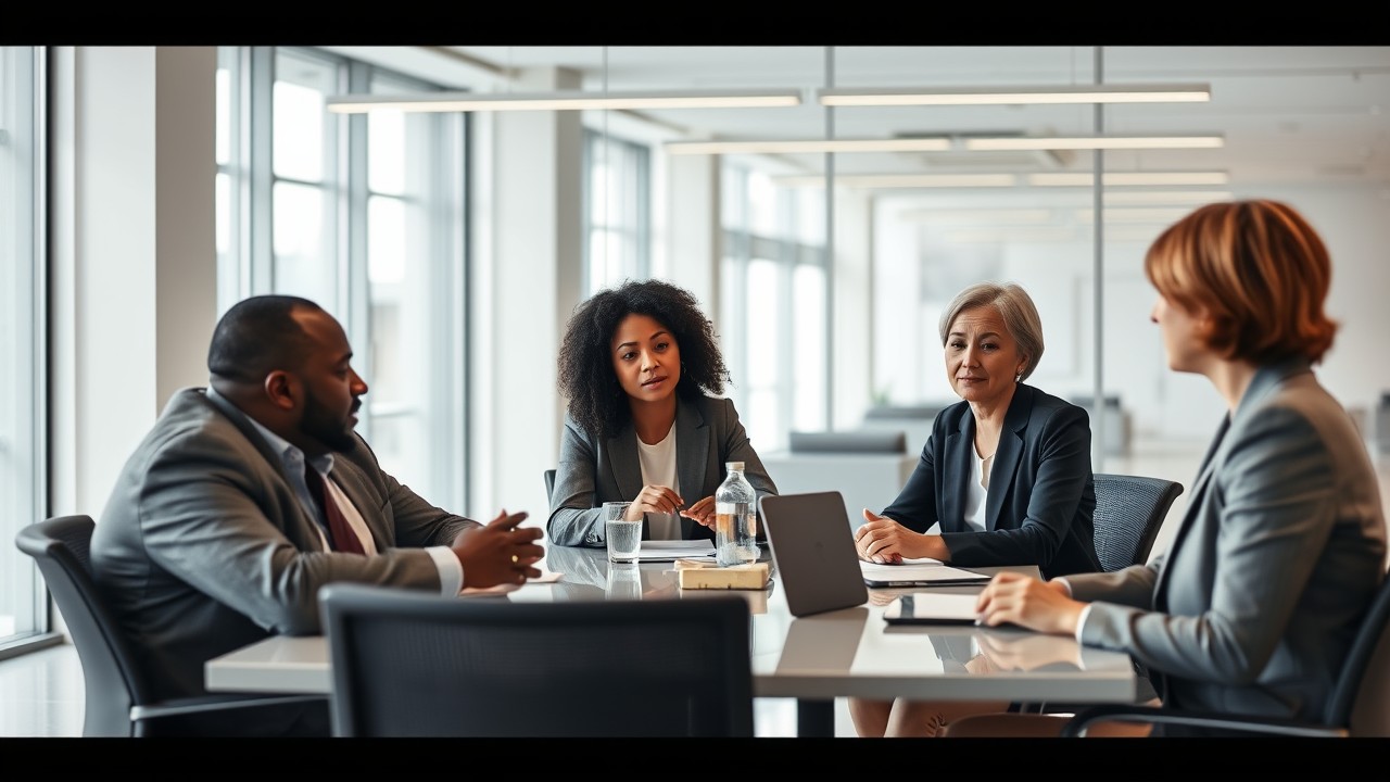 A diverse team of professionals gathers around a modern conference table in a sleek, minimalist office, engaged in a discussion about share vesting strategies.