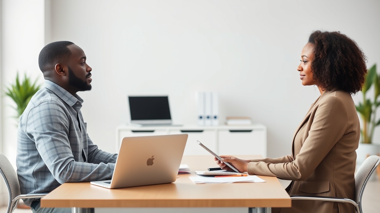 A Black man and a white woman sit across from each other in a modern office, discussing the risks and considerations of share vesting in a professional setting.