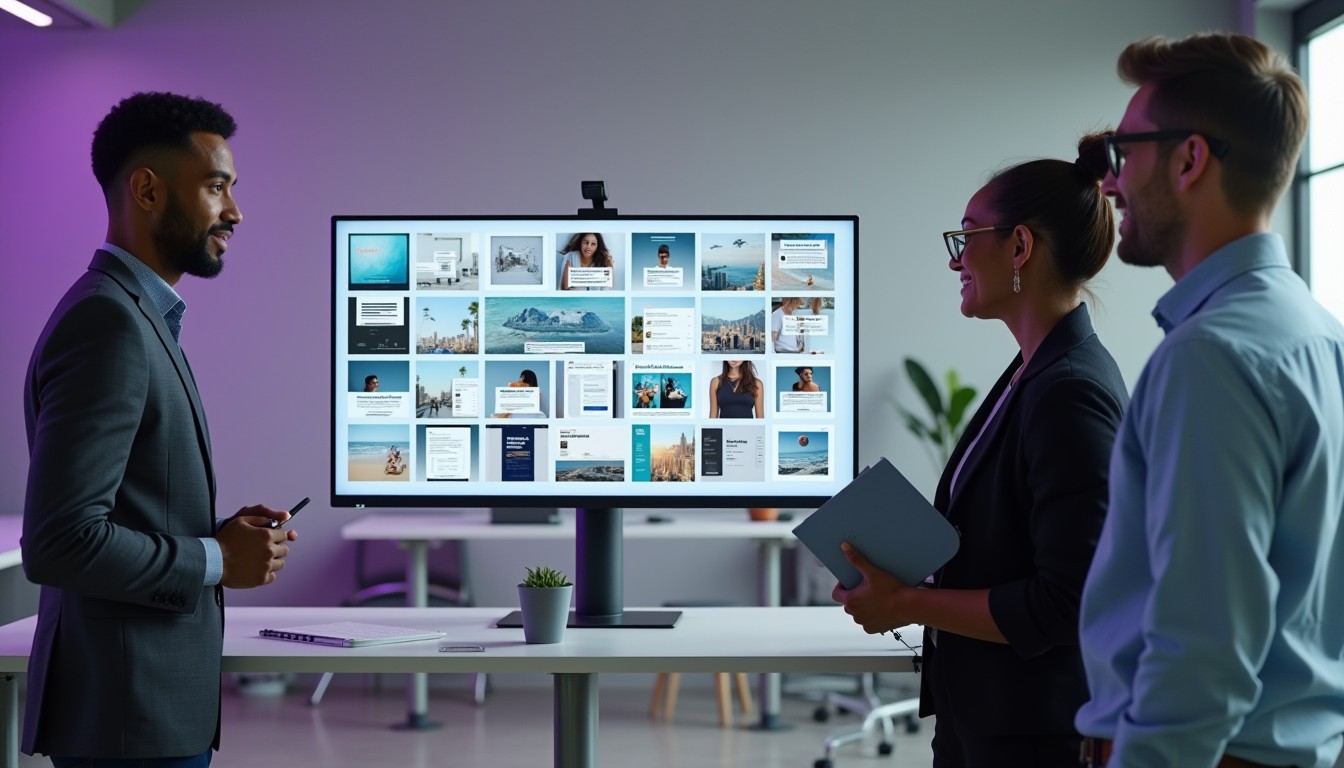 Two professionals review digital campaign assets on a large screen, focusing on consistency in messaging across marketing channels.