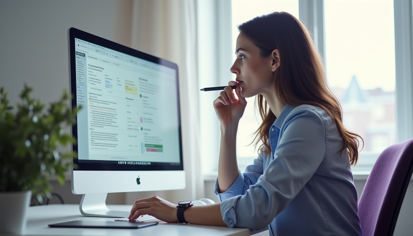 A professional in a clean office setting reviews digital materials alone, representing individual responsibility for advertising compliance.