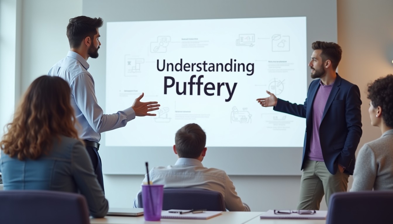 A team gathers in a bright office to view a presentation titled “Understanding Puffery”, reflecting a professional learning session.