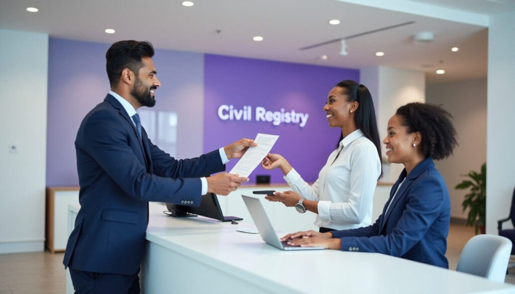 A Middle Eastern man lodges a notice of discontinuance form at a civil court registry artwork