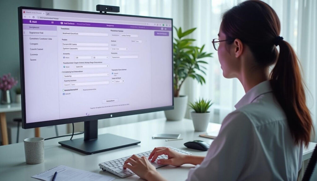 An East Asian woman fills out a digital notice of discontinuance form at her desk artwork