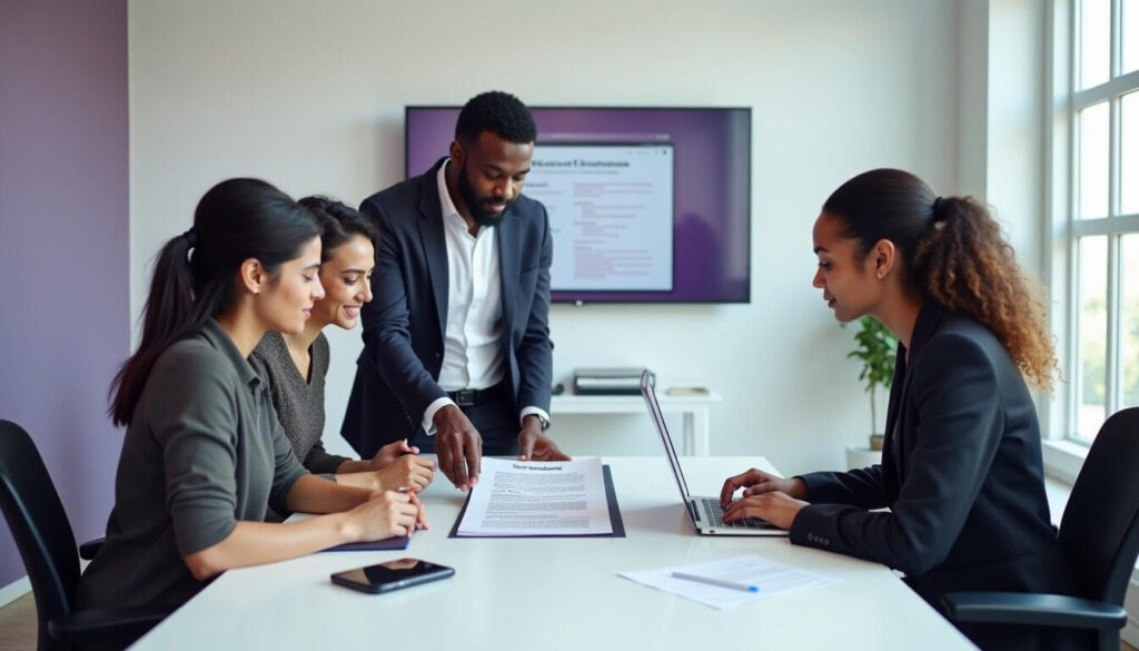 Four diverse professionals review a notice of discontinuance form in a bright office artwork
