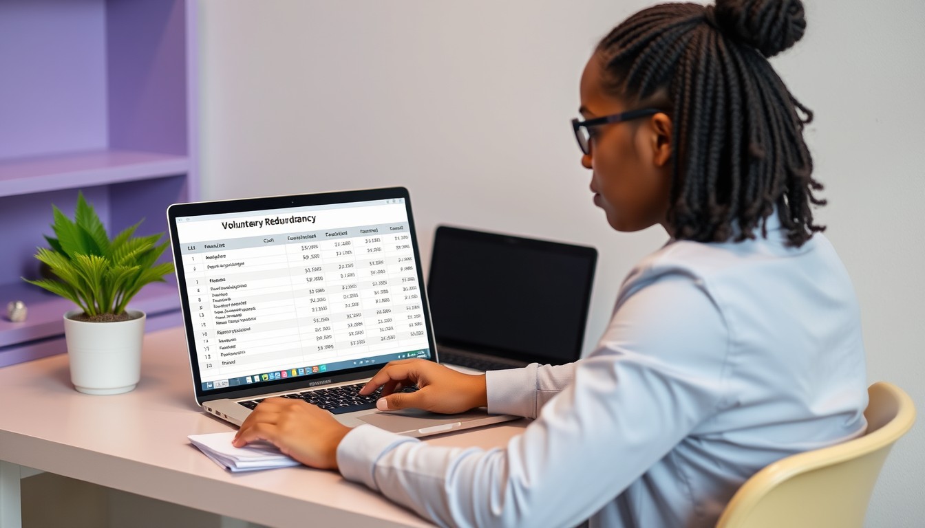 An individual analyzing redundancy payment options on a laptop, reflecting the decision-making process of evaluating financial and career impact.