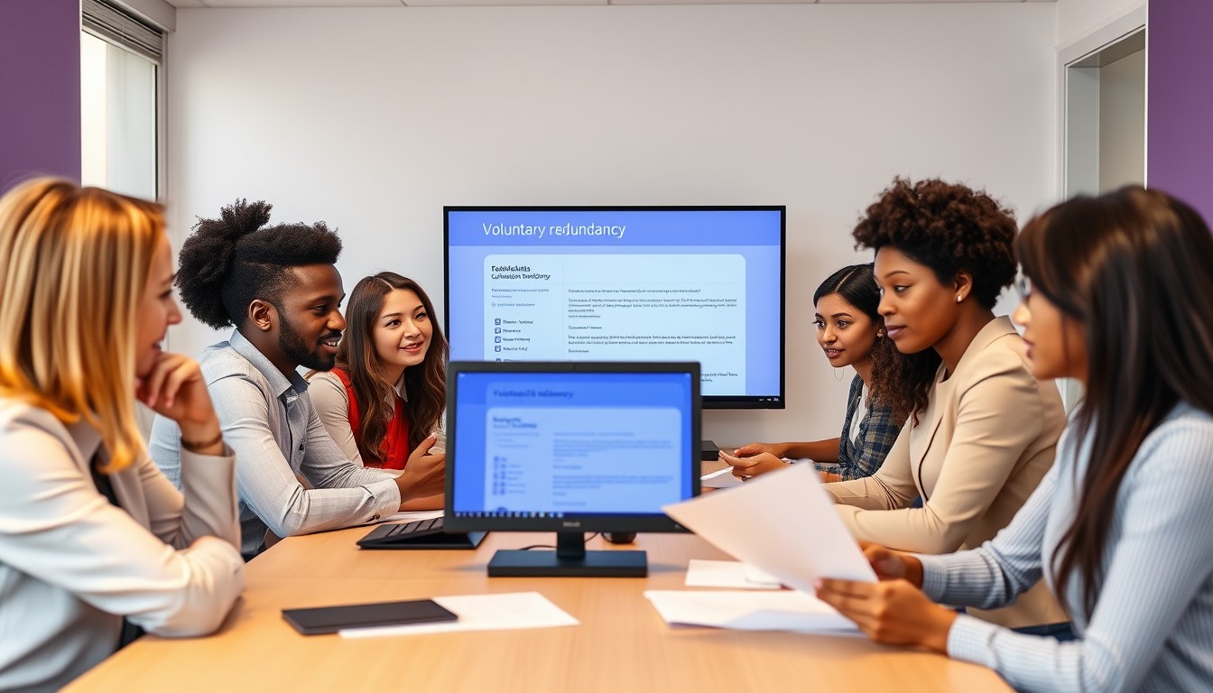 A diverse group of employees in a modern office reviewing a voluntary redundancy offer, representing teamwork and professional consultation