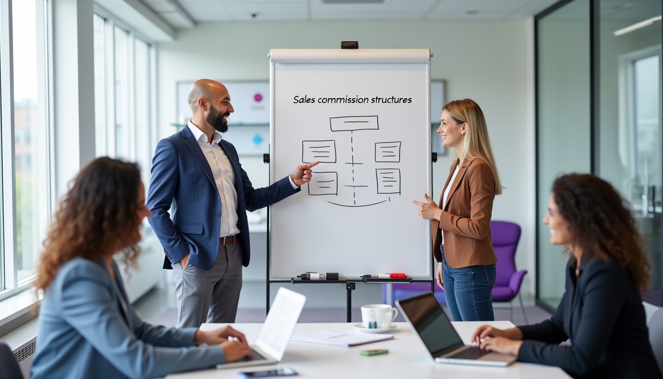 A diverse team of professionals in a modern office discussing different sales commission structures on a whiteboard. They appear engaged and collaborative.