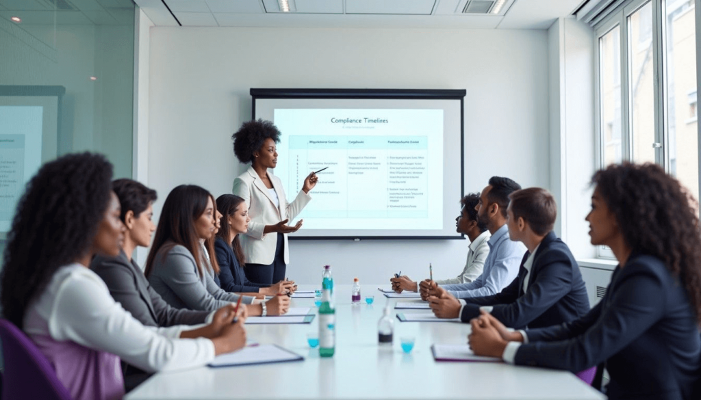 A diverse group of professionals attending a training session on compliance and conduct standards, led by a presenter at a digital whiteboard artwork