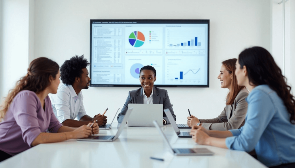 A diverse team collaborating in a modern office, discussing compliance and trust in tax services with visible charts and documents related to taxation artwork
