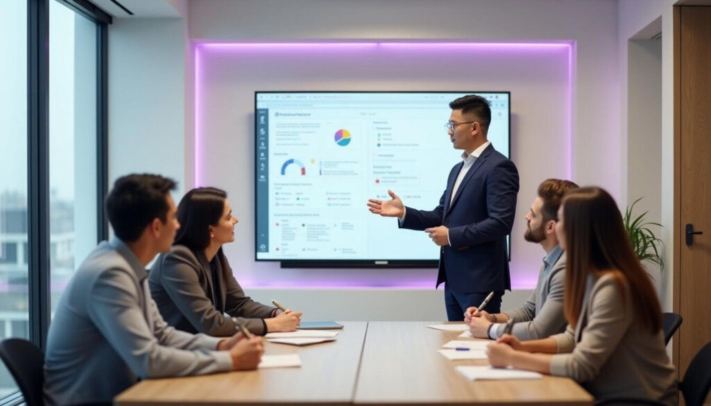 An Asian employer discusses fair working arrangements with employees, with a digital whiteboard displaying zero-hour contract policies artwork