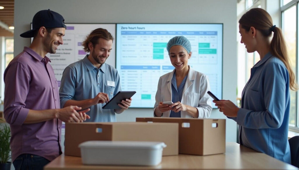 A diverse group of workers in a modern office, with a digital board showing fluctuating work schedules for zero-hour contracts artwork
