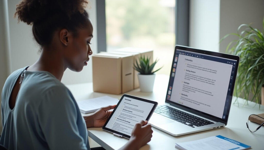 A Black woman in business casual reviews a zero-hour contract at a desk with a legal handbook and compliance checklist artwork