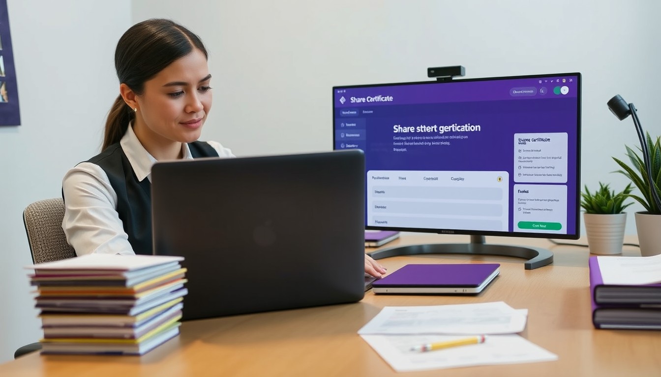 A company secretary prepares a share certificate on a laptop, showing the process of issuing proof of ownership.