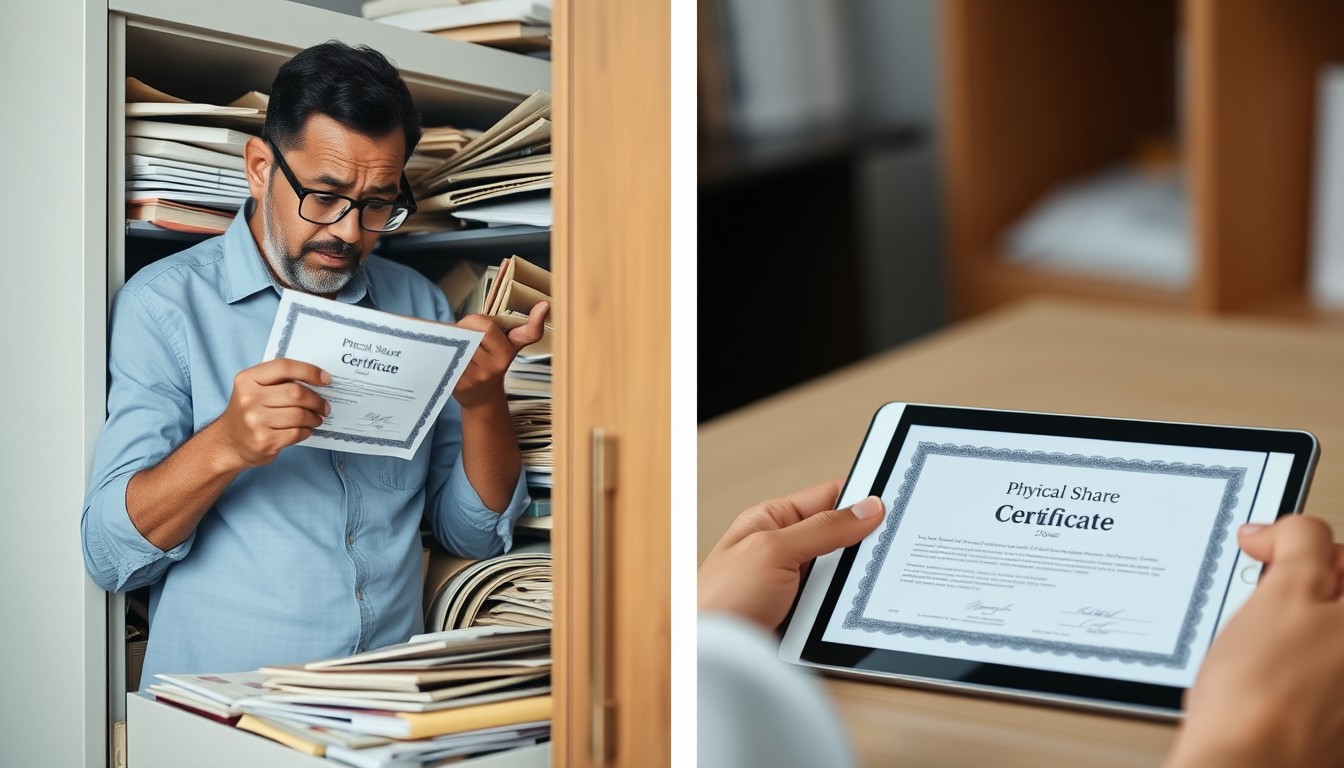 A shareholder struggles with lost physical share certificates while a tablet displays a secure digital version, highlighting the advantages of digital records.