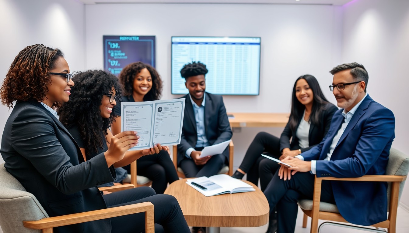 A diverse team discusses a share certificate in a modern office, highlighting its role in ownership proof and legal rights.