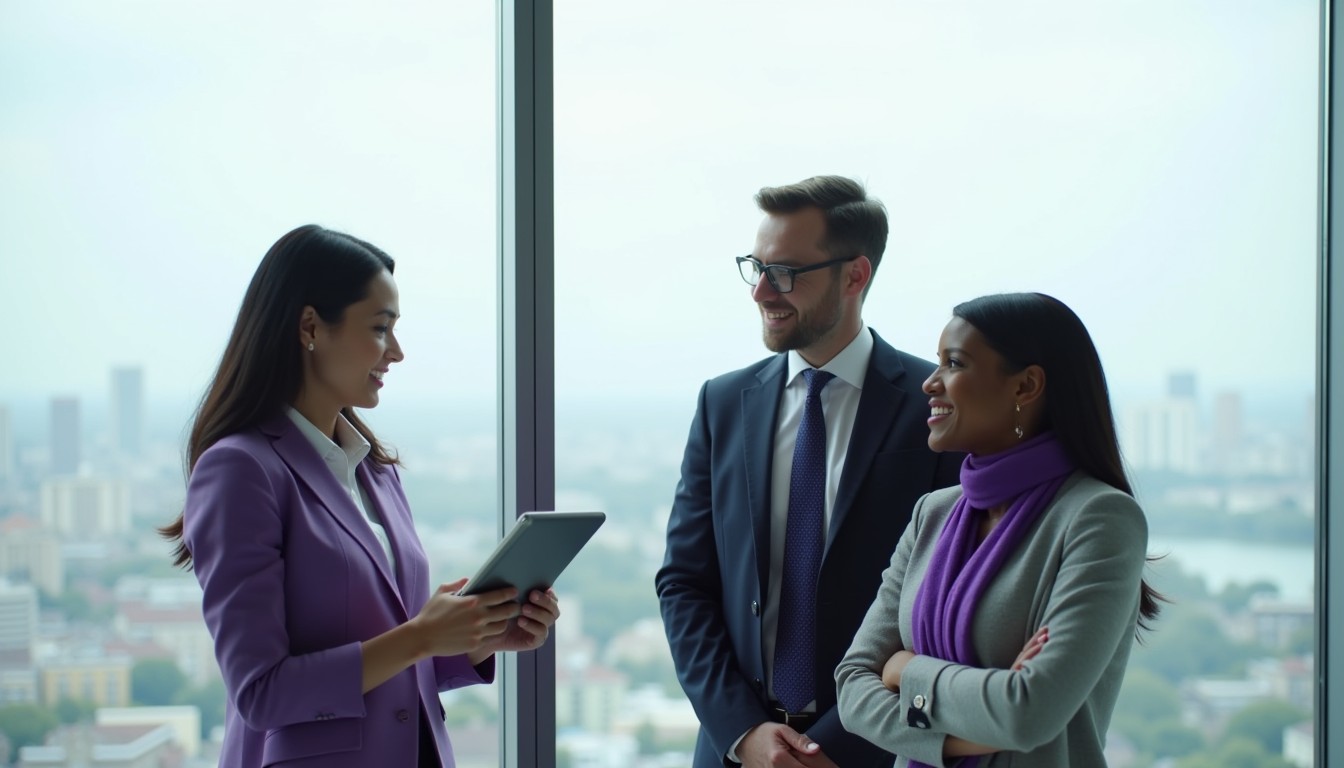 Three diverse professionals discussing legal strategy in a high-rise office, reflecting how quantum meruit is handled in Australian law.
