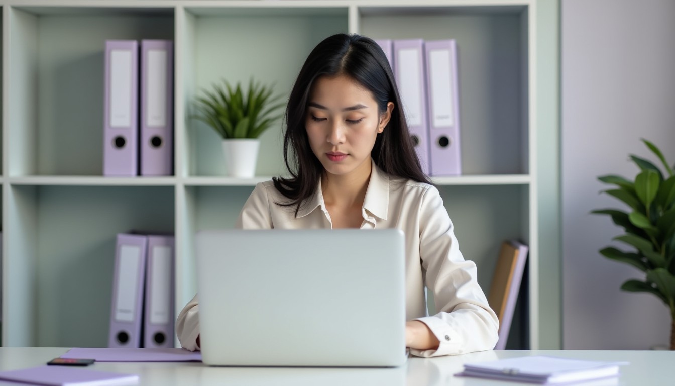 A focused professional working alone in a clean office, preparing to organise documents and records for a potential quantum meruit claim.