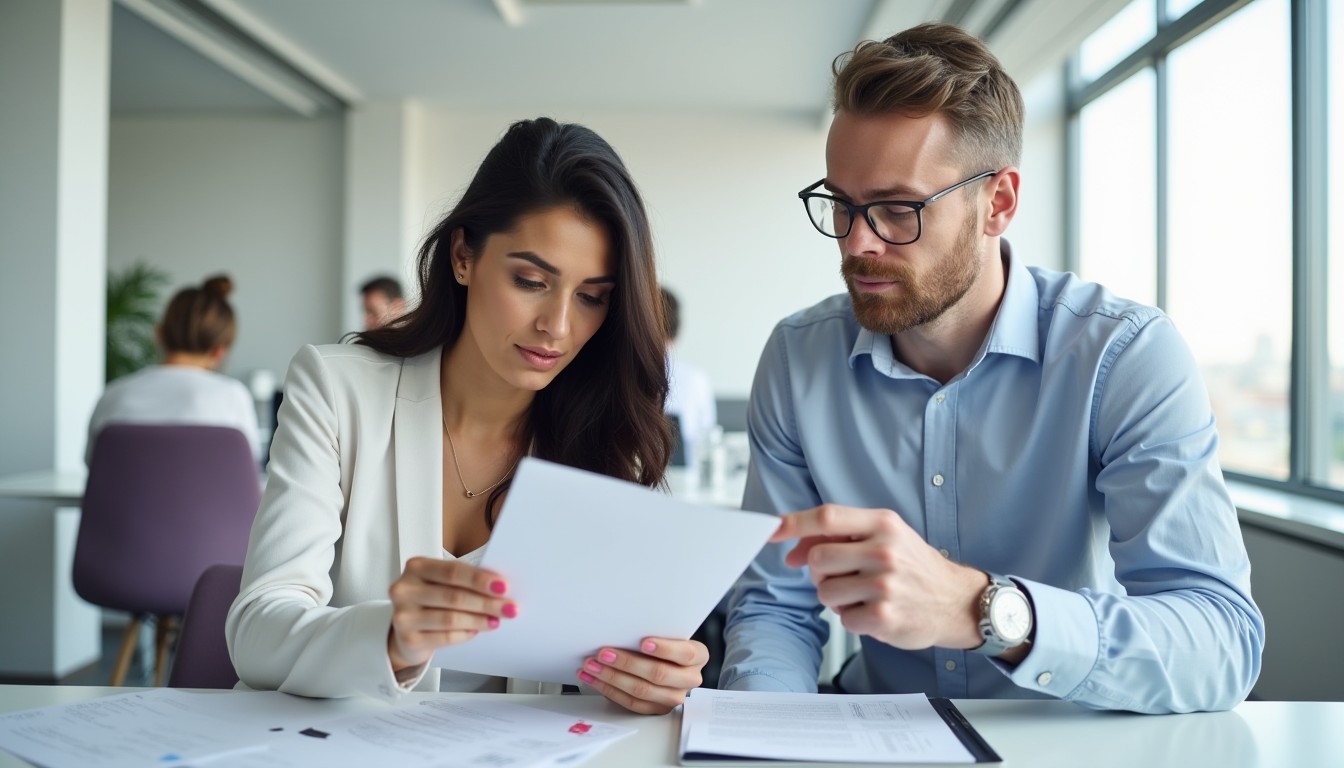 Two professionals reviewing documents in a clean office, showing a collaborative discussion about fair payment in a contract-free situation.