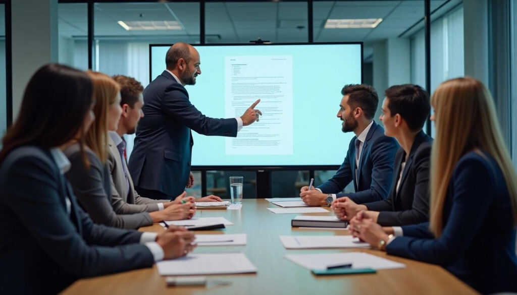A diverse team of professionals collaborating in a modern boardroom, discussing a maximum term contract displayed on a digital screen artwork