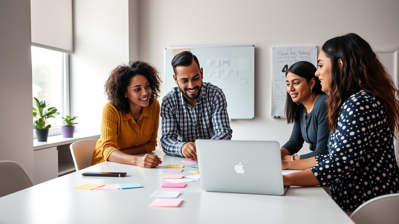 A diverse team brainstorming together in a modern office, focused on clarity and collaboration in business strategy.