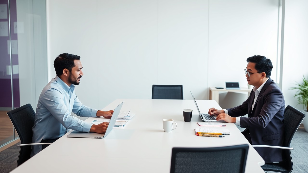 A diverse team of professionals reviewing legal documents together in a modern, minimalist office, highlighting collaboration in contract review.