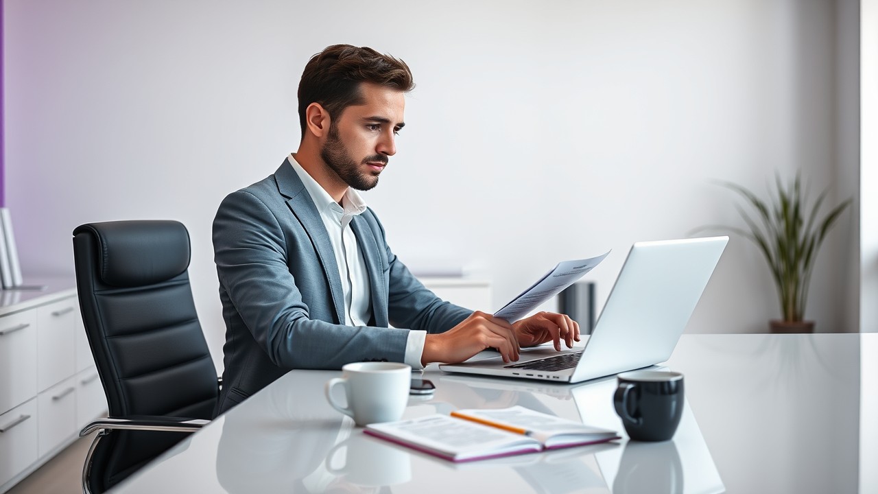 A professional reviewing legal documents at a desk in a minimalist office, focused on understanding illusory terms in contracts.