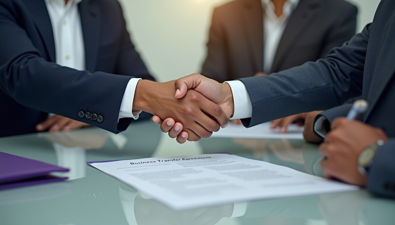 Two business owners shake hands after signing a transfer of business agreement in a corporate boardroom, signifying a successful deal.