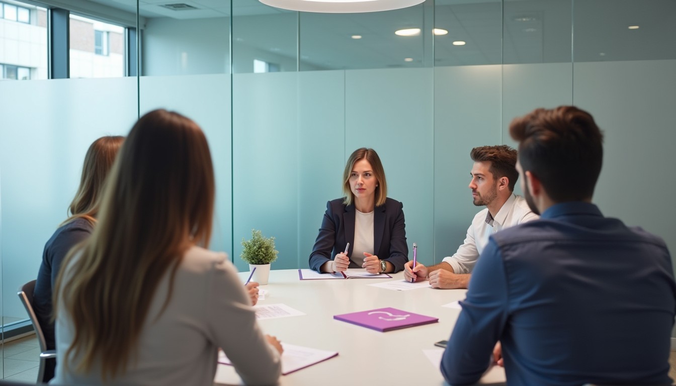 A professional meeting in a modern office where a manager discusses a transfer of business with a diverse group of employees. Some take notes while others listen attentively.