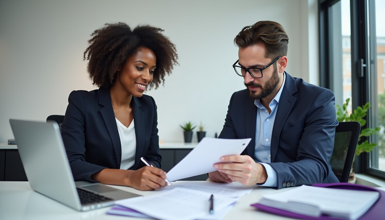 A professional woman reviews and signs a contract while a HR representative explains the terms of a transfer of employment in a sleek, modern office setting.