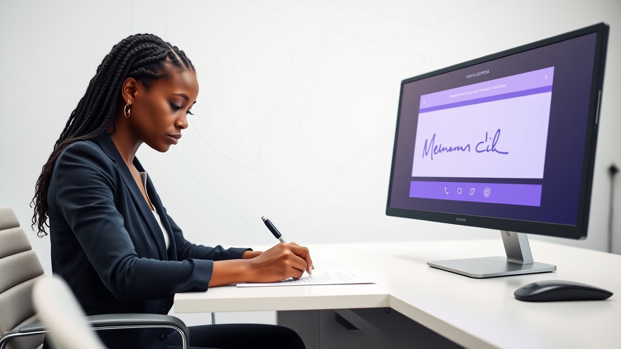A professional woman signing a document electronically using correct formats and notations for signing on behalf of others.
