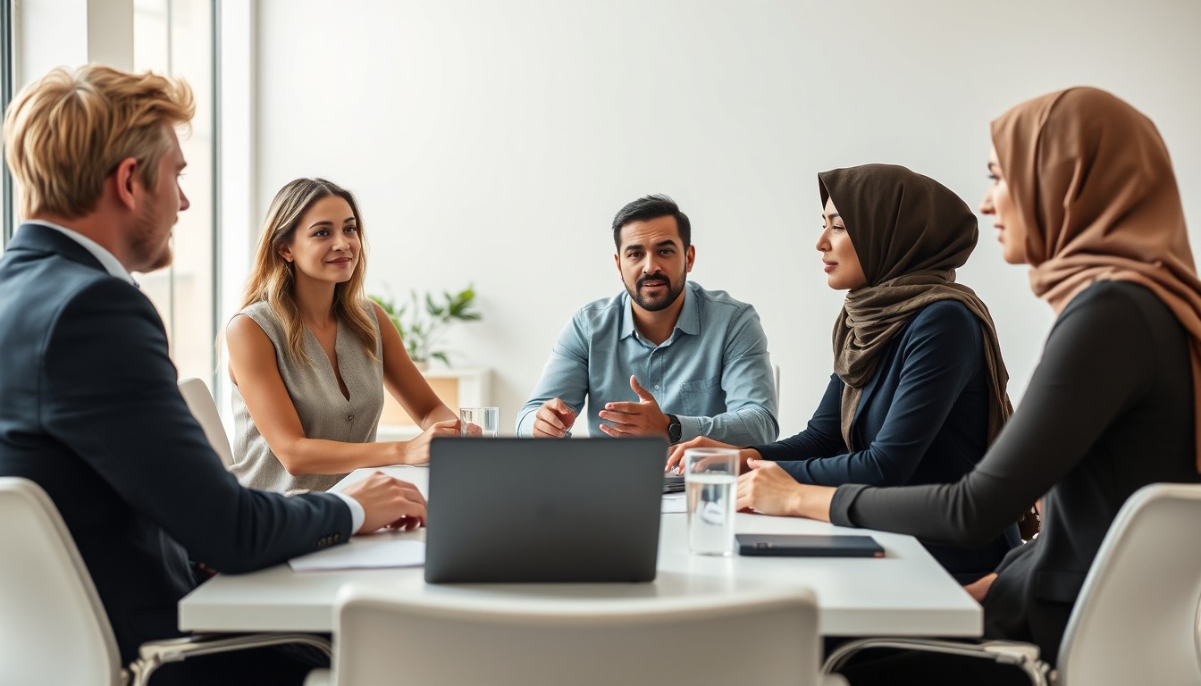 A diverse group of professionals discussing a non-compete clause in a modern office. Two people review the document while a Black woman takes notes on her laptop, symbolizing collaboration and understanding of non-compete agreements.