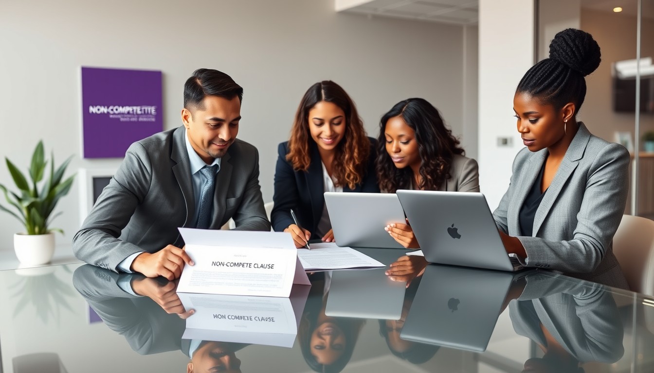 A diverse group of professionals discusses job mobility and innovation around a conference table, with a digital whiteboard in a minimalist office, highlighting the impact of non-compete clauses on career growth and innovation.