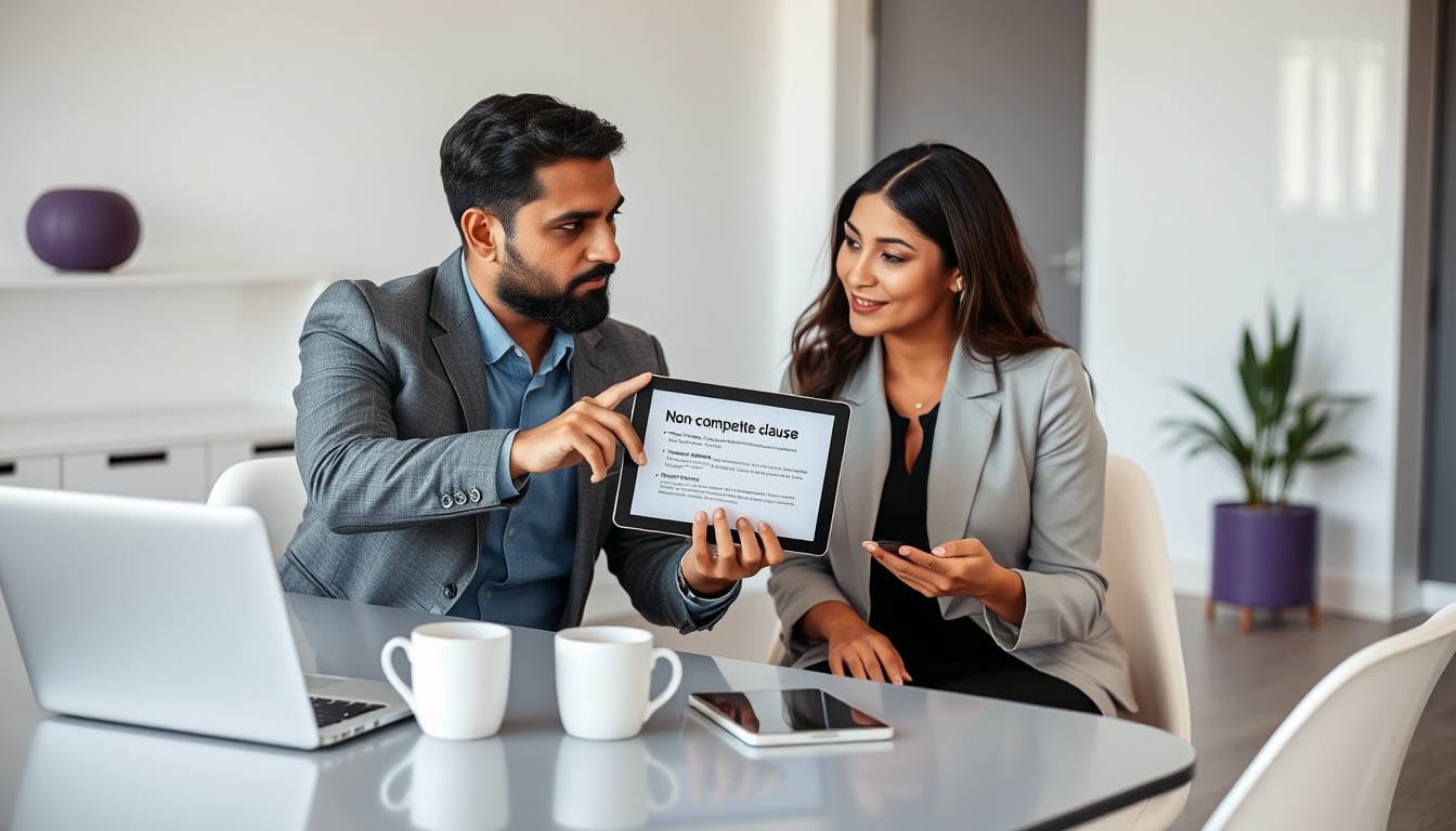 A South Asian male manager discusses a non-compete clause with a Latina female employee in a modern office, showcasing employer-employee dialogue about non-compete agreements.