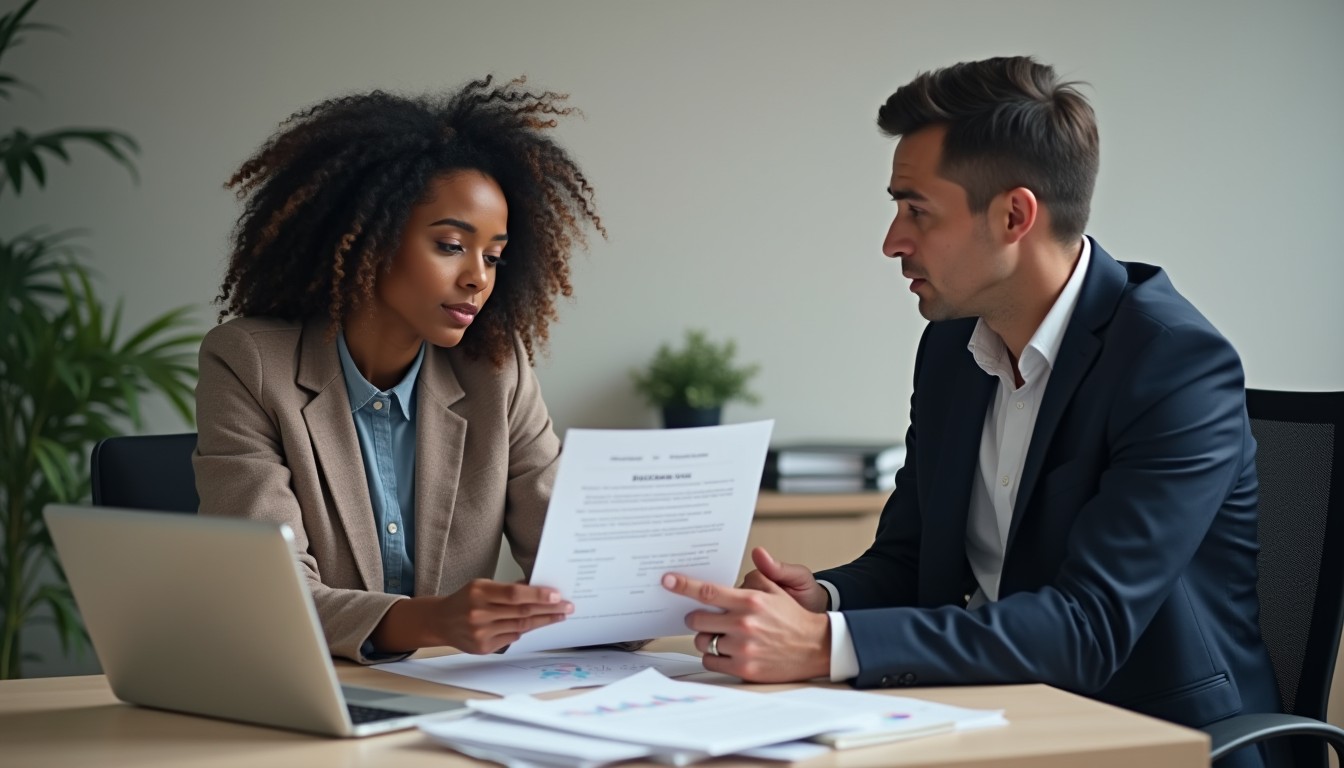 A business owner looks concerned while reviewing financial documents. A lender explains the consequences of a loan default in a professional office setting.