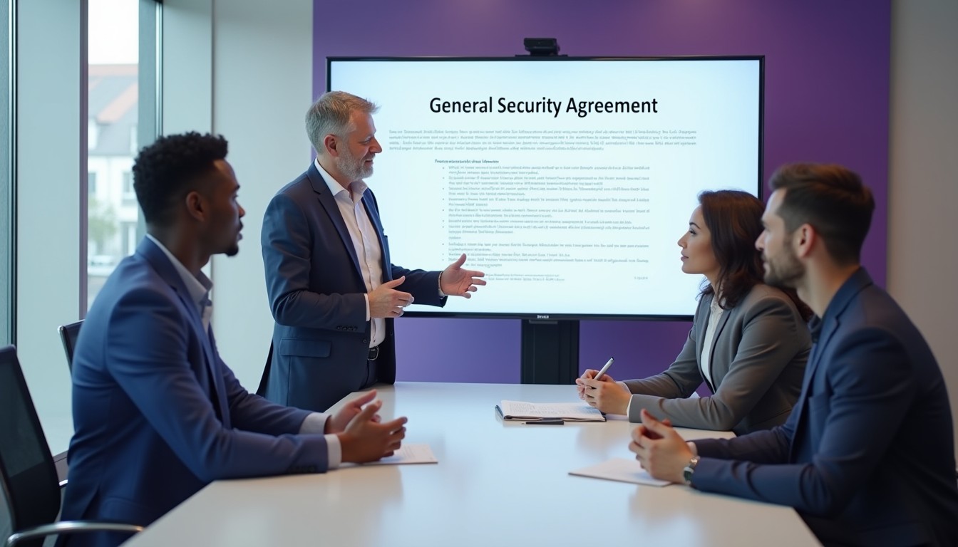 A diverse group of professionals reviews a General Security Agreement in a modern office. A financial advisor explains key clauses while business owners listen attentively.