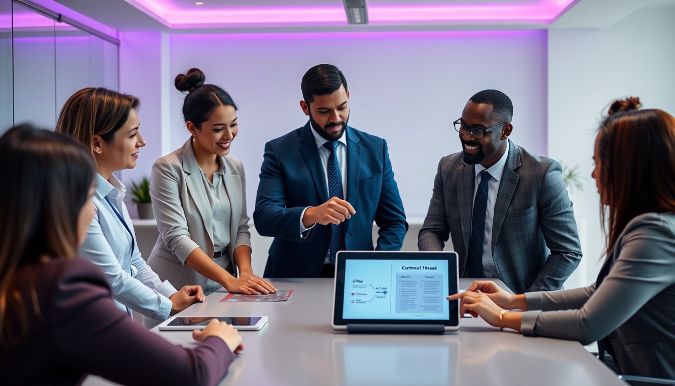 A diverse group of professionals in a modern office discussing the difference between an offer and an invitation to treat in contract law, with a digital tablet and a screen displaying a comparison chart.
