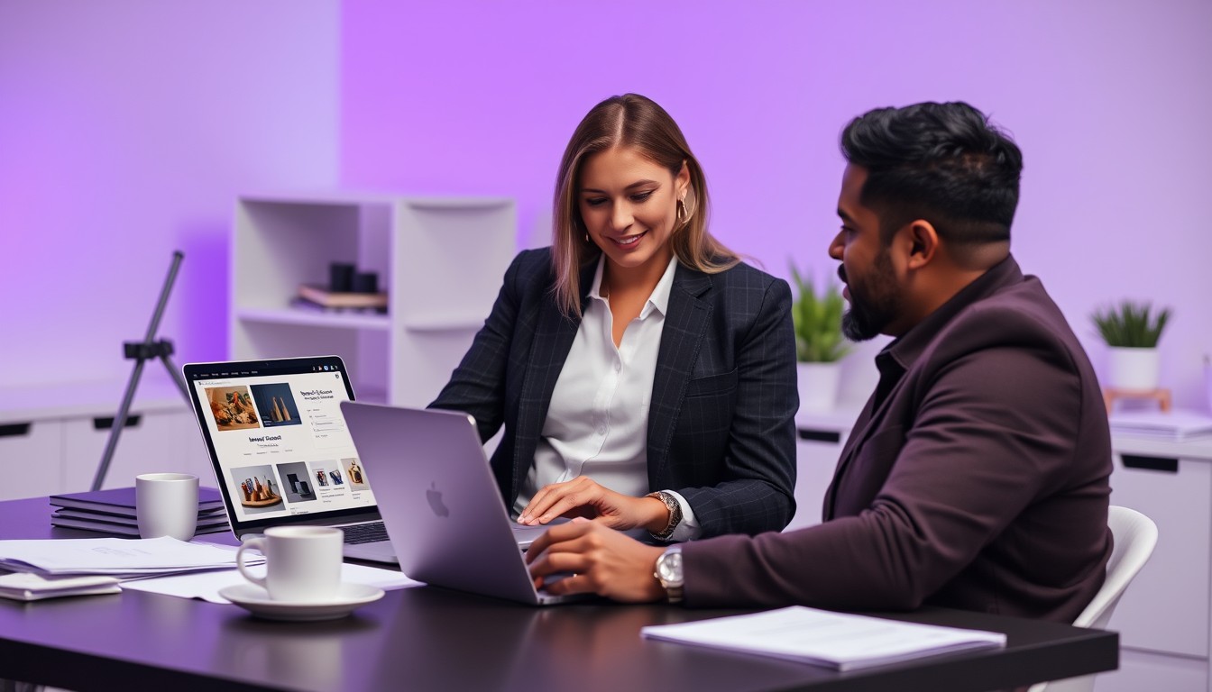 A professional woman and man reviewing a product listing on a laptop, analyzing an "Invitation to Treat" in contract law within a minimalist office setting.